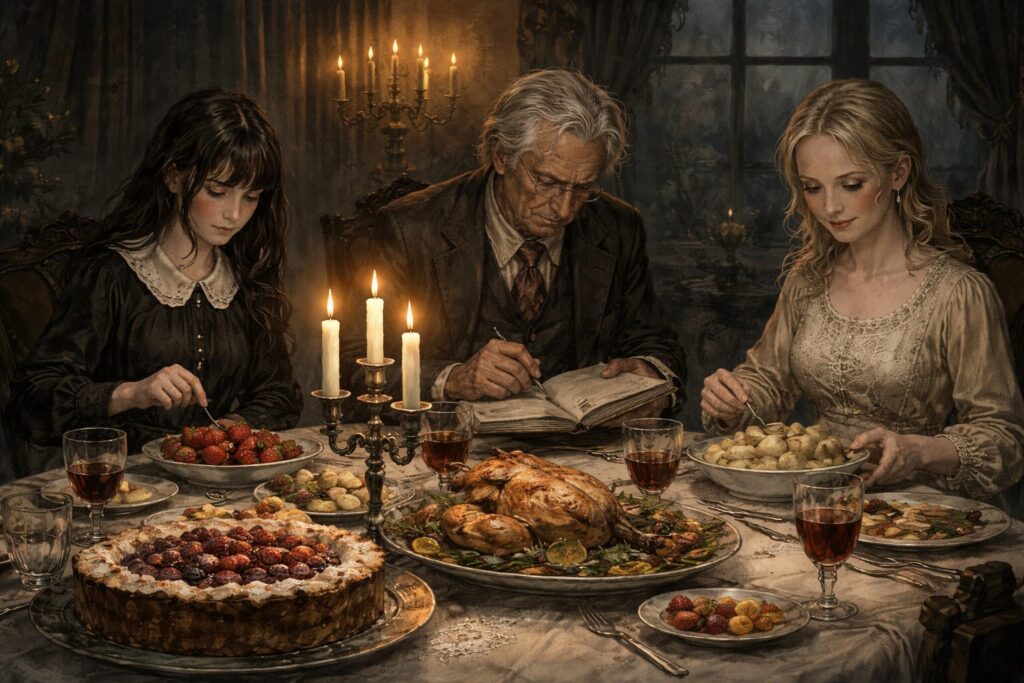 「ずっとお城で暮らしてる」作品内のワンシーン。姉のコンスタンスとメリキャットとジュリアンおじいさんの食事風景イラスト