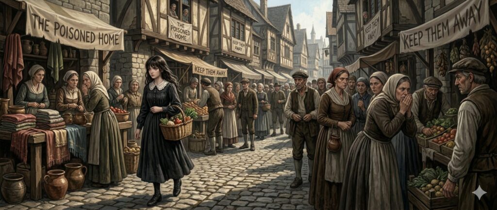 「ずっとお城で暮らしてる」のワンシーン。メリキャットが村へ買い物へ出かける。