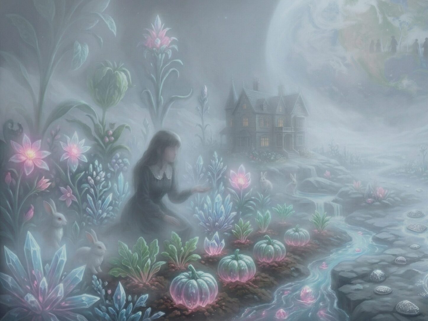 「ずっとお城で暮らしてる」主人公のメリキャットが空想する月の世界のイメージイラスト