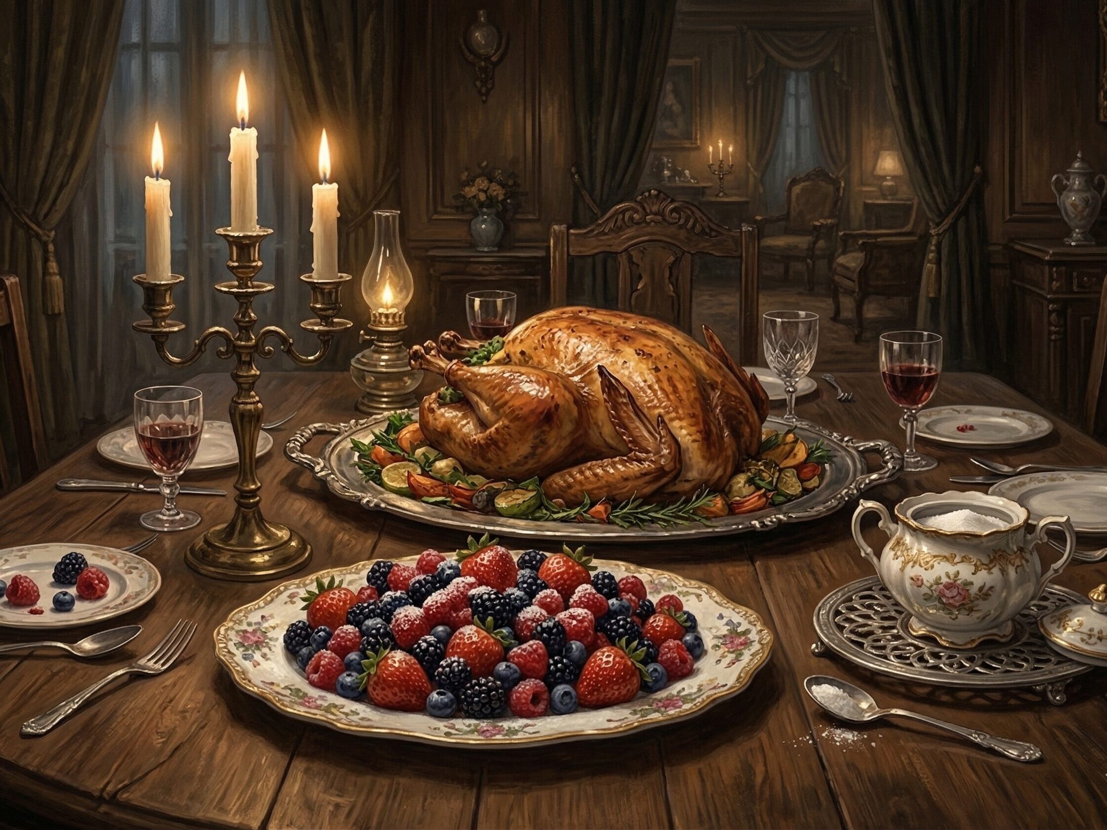 「ずっとお城で暮らしてる」事件当日のブラックウッド家の夕食。ベリーと砂糖ツボのイラスト。