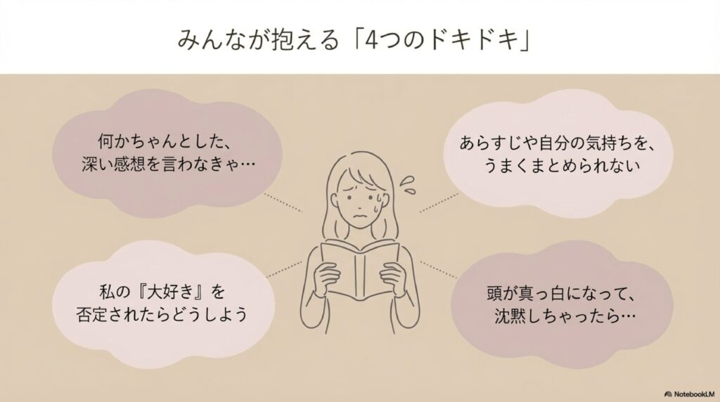 「みんなが抱える『4つのドキドキ』」。読書会への参加を前に、「深い感想を言わなきゃ」「うまくまとめられない」「否定されたらどうしよう」「真っ白になって沈黙しちゃったら」と不安を抱える女性のイラスト。