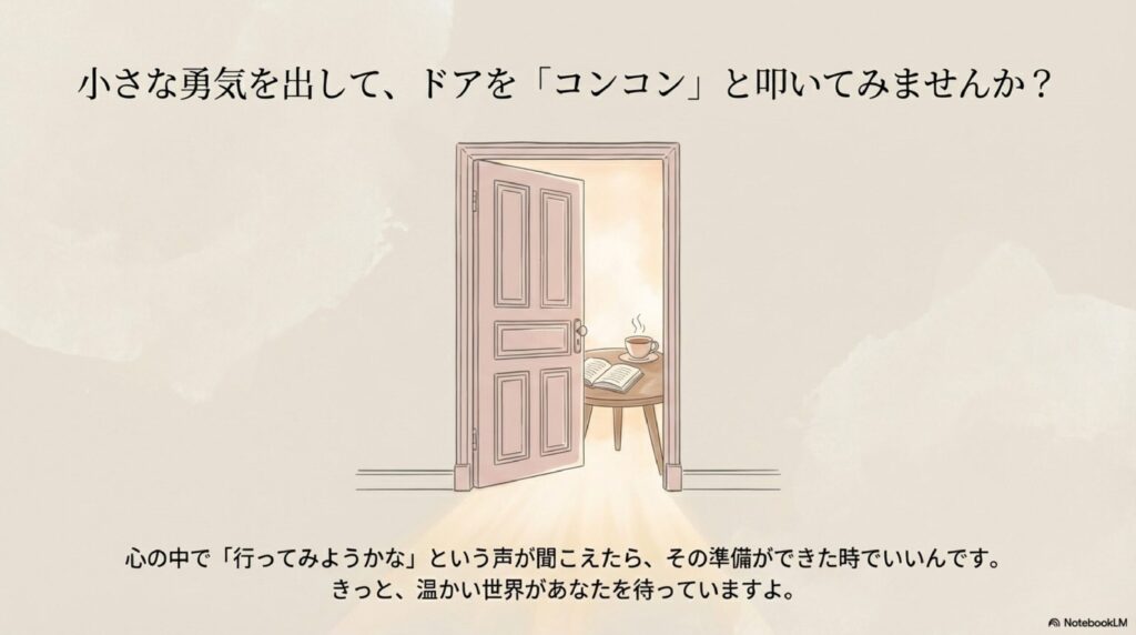 「小さな勇気を出して、ドアを『コンコン』と叩いてみませんか?」。少し開いたドアの奥に、本とコーヒーが置かれた温かい雰囲気のテーブルが見えるイラスト。