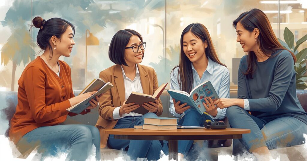 社内読書会の適切な頻度や時間、場所をチームで企画・検討しているイメージ