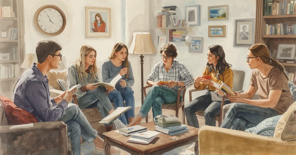 マウンティングや意識高い系の空気が蔓延する、居心地の悪い読書会のイメージ