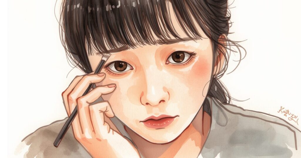 奥二重のメイクをする女性