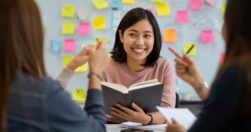 付箋やカラーペンなどの小道具を活用して、読書会の議論を可視化する様子