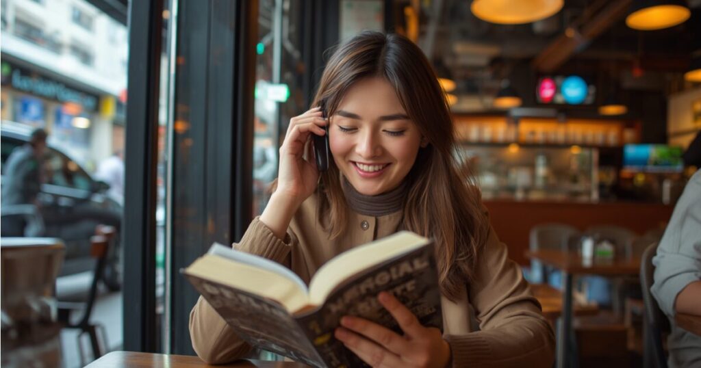 会社の同僚と社内読書会の効果や悩みについて会話している様子