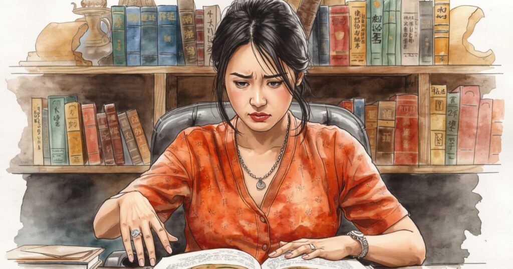 読書会に「気持ち悪い」「合わない」と違和感を抱いて顔をしかめる女性のイラスト