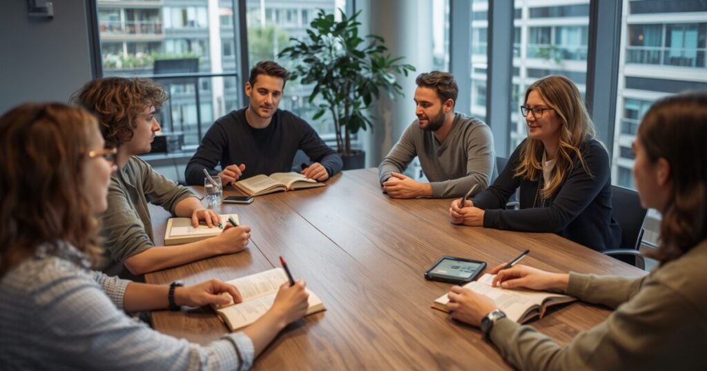 社内読書会で社員同士が意見を交わし合う様子