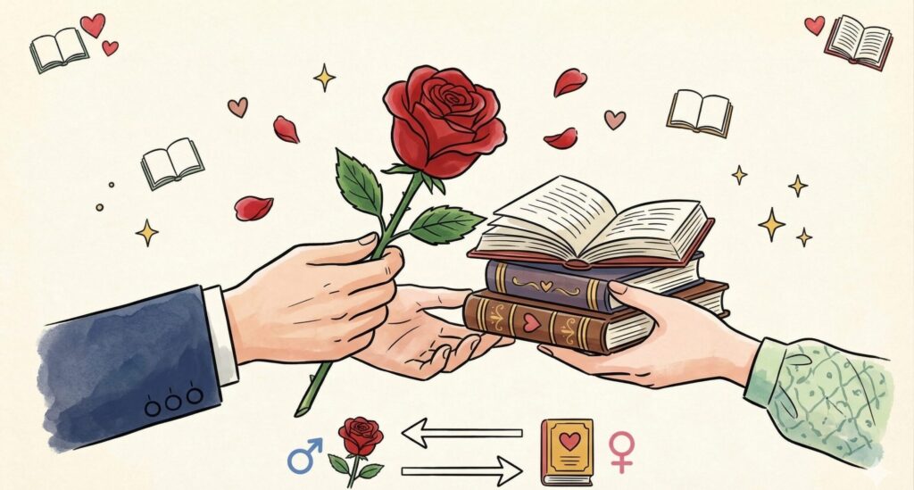 サン・ジョルディの日の交換を描いた、柔らかなインフォグラフィック風イラスト。左側からスーツを着た男性の手が一本の赤いバラを、右側から女性の手が本の束を、それぞれ差し出し、丁寧に受け渡しを行っている。