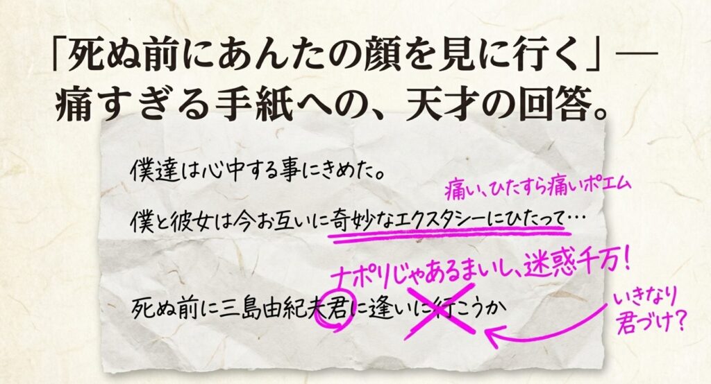 見知らぬ青年からの手紙に呆れる三島由紀夫をイメージした画像 - 『不道徳教育講座』より
