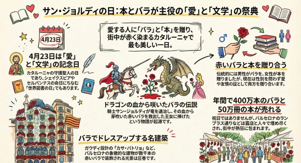 サン・ジョルディの日の解説図解。4月23日に本とバラを贈り合うスペイン・カタルーニャの文化を、騎士のドラゴン退治の伝説や、バラで装飾されたカサ・バトリョのイラストとともに紹介するインフォグラフィック。
